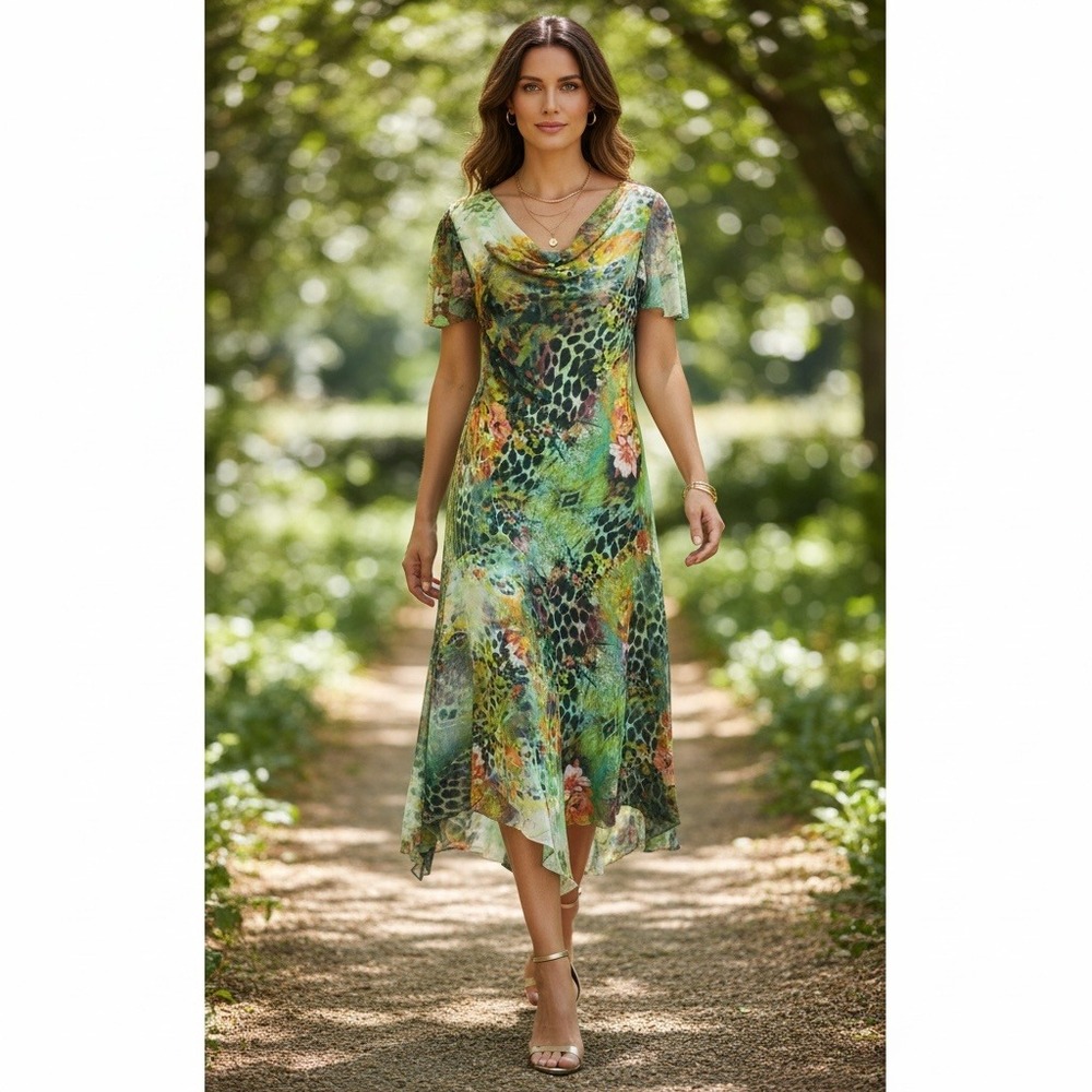 Signature by Robbie Bee Floral Animal Print Handkerchief Dress Sz 12 Green #344J